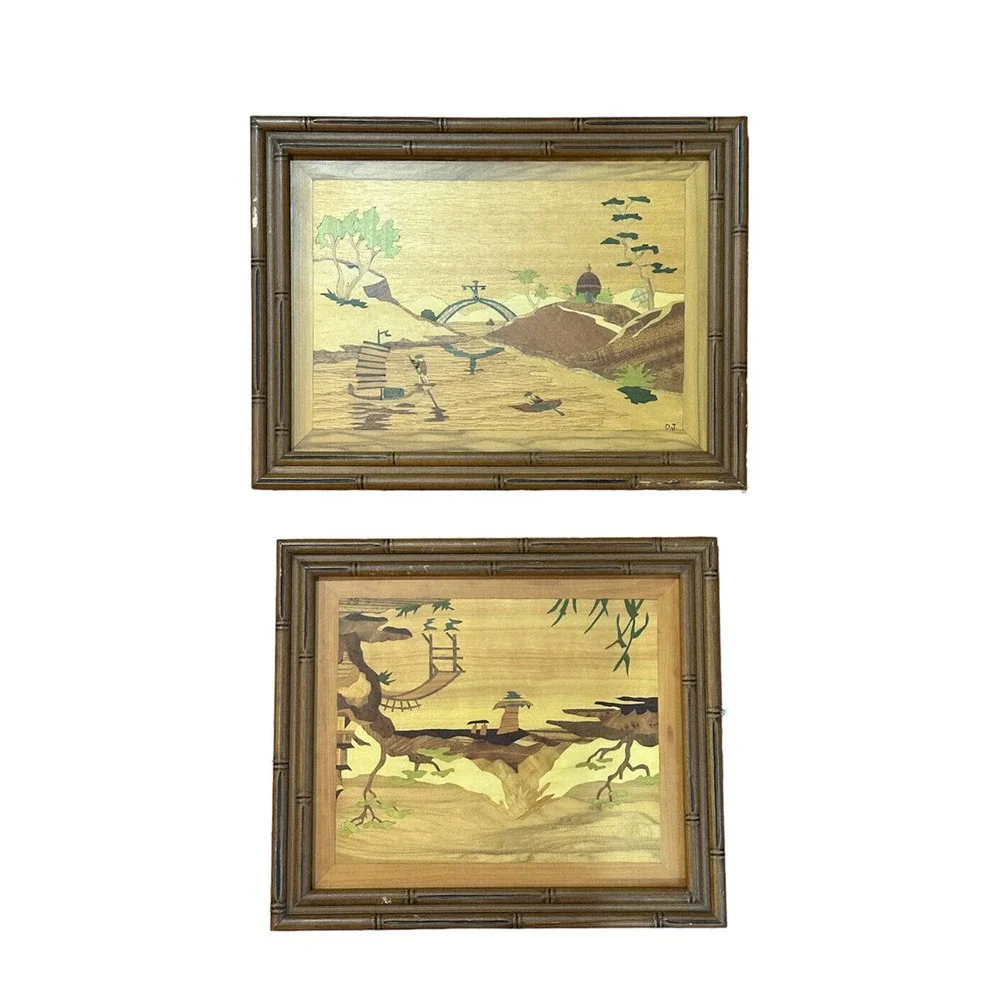2 Pc Asian Mid Century Modern Framed Wood Cut Out Inlay Wall Art
